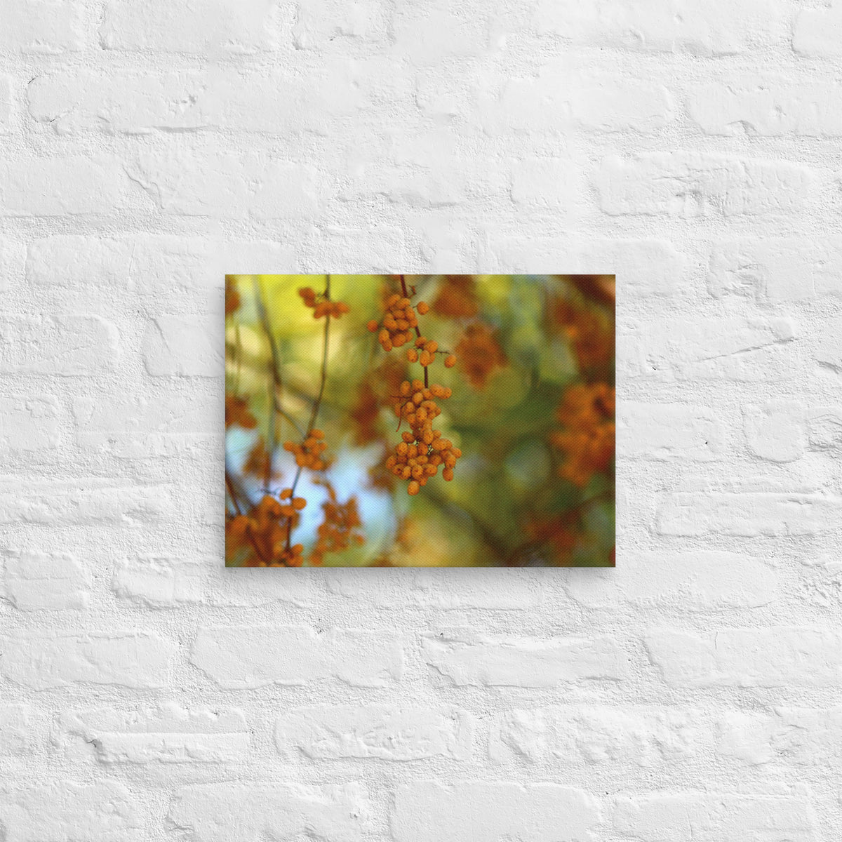 Autumn berries photography canvas shown in 12x16 on a white brick wall