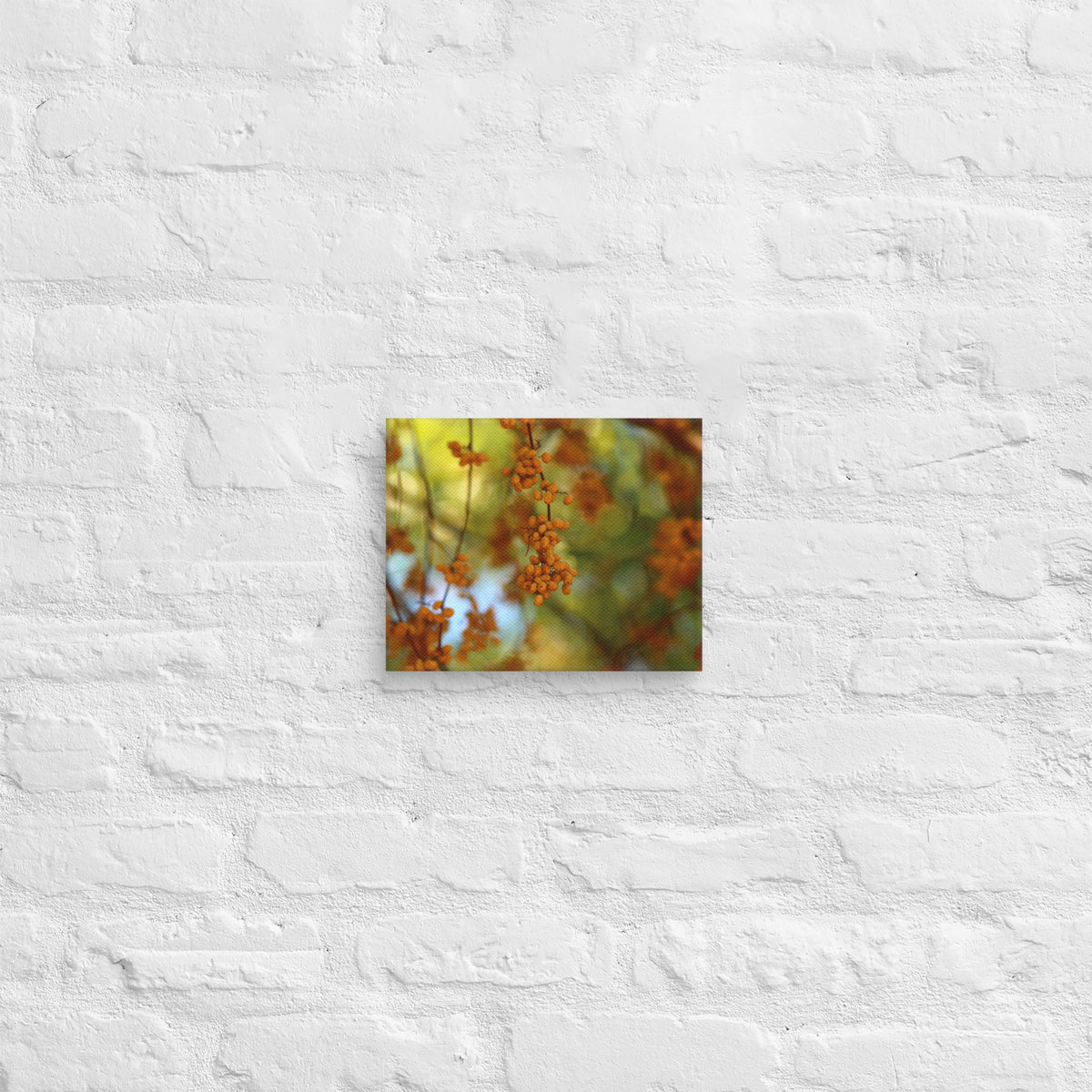 Autumn berries photography canvas shown in [8x10] on a white brick wall