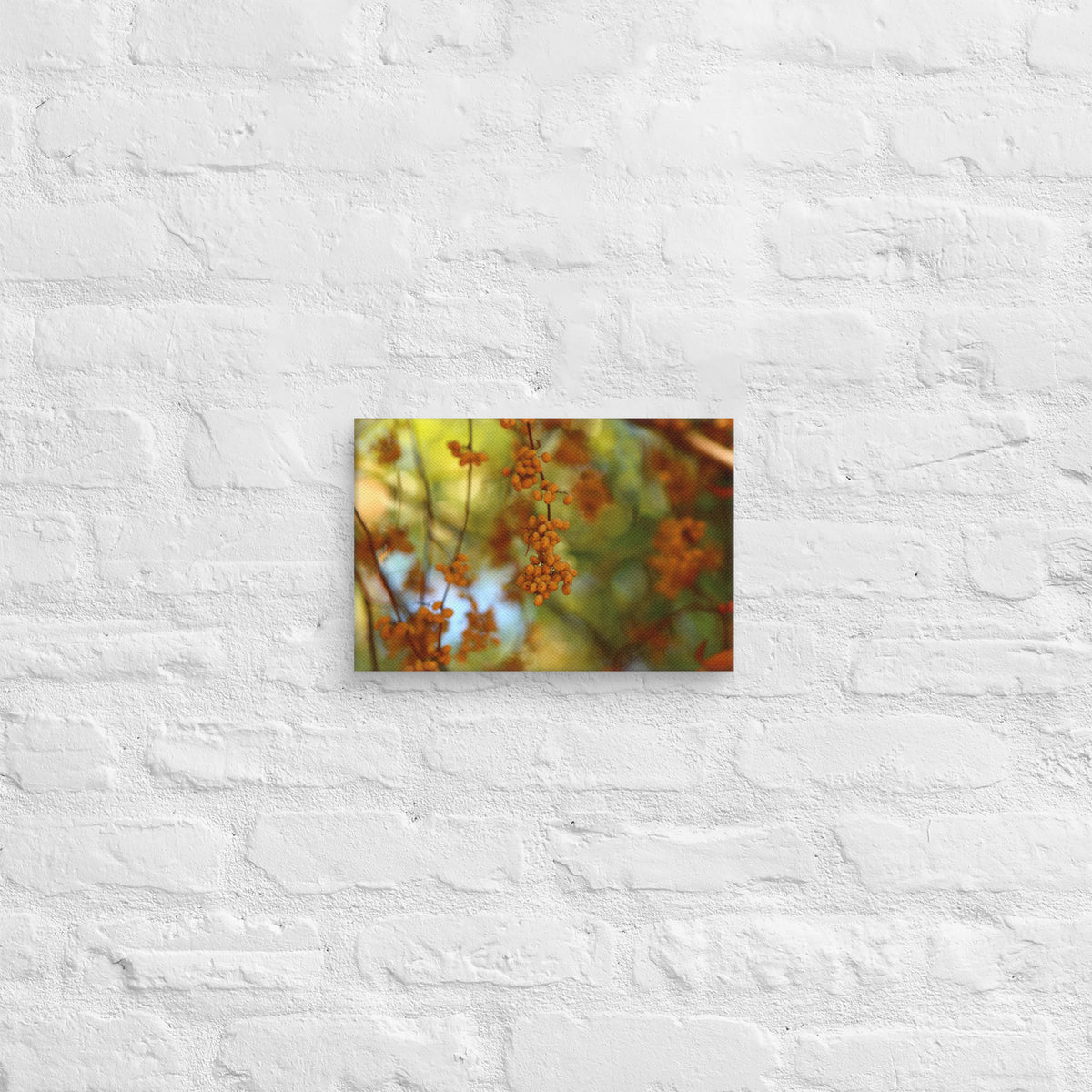 Autumn berries photography canvas shown in  [8x12] on a white brick wall