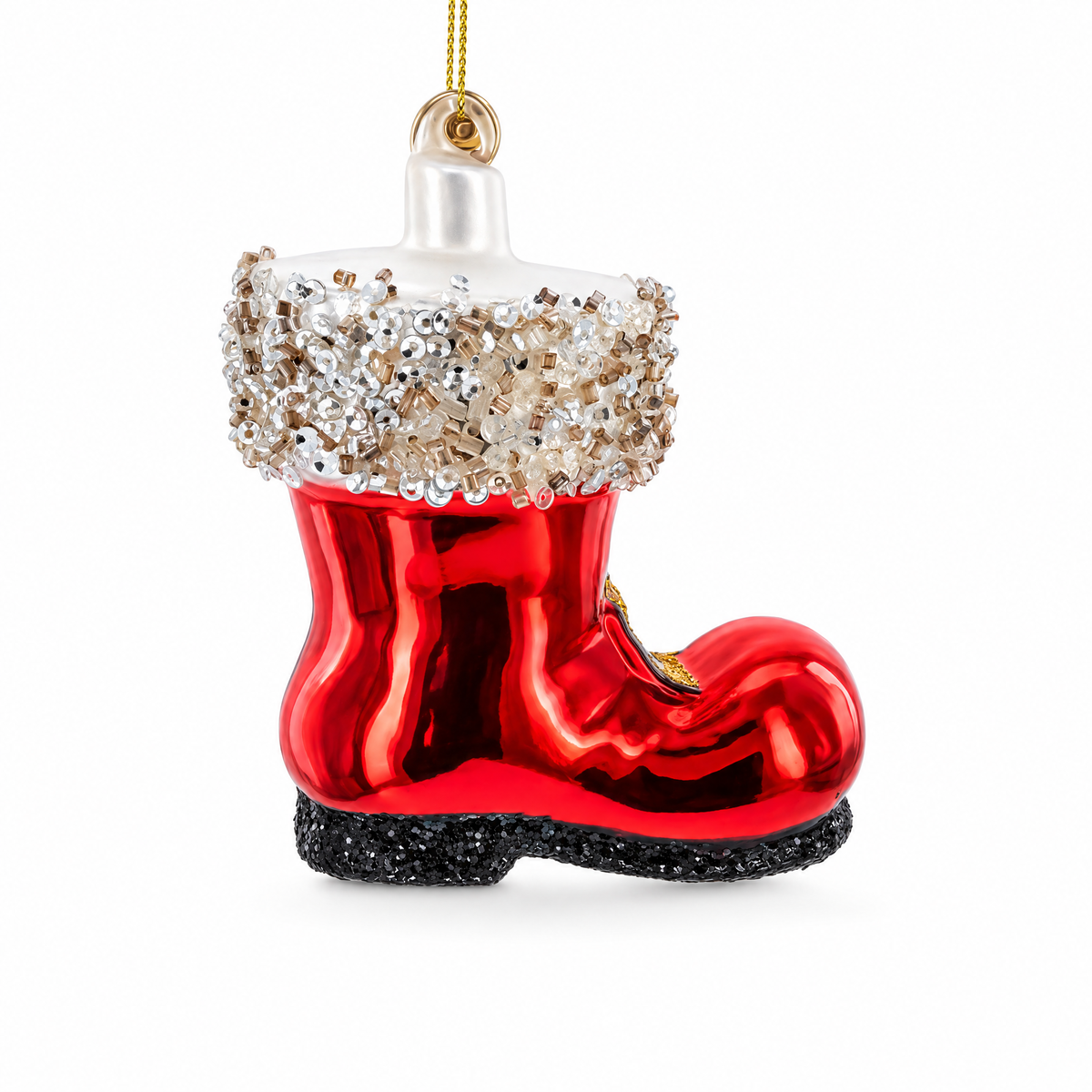 A red boot-shaped Christmas ornament with a silver glittery cuff, a gold hanging loop, and a black glitter sole, shown on a plain white background.