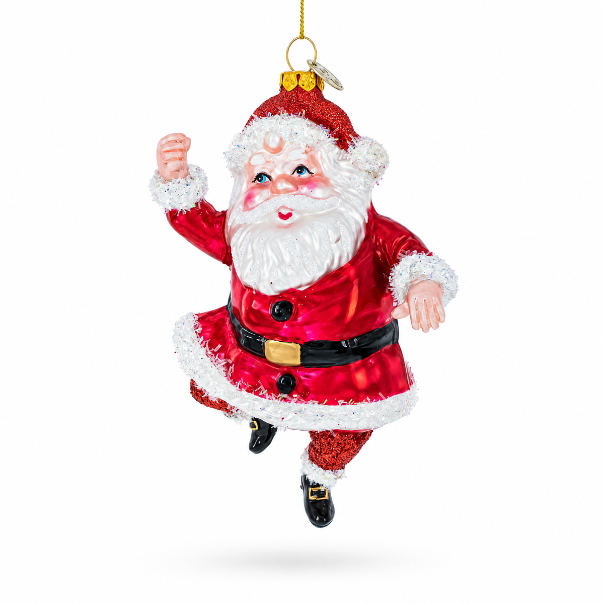 Dancing Santa blown glass Christmas ornament in classic red suit with one hand raised