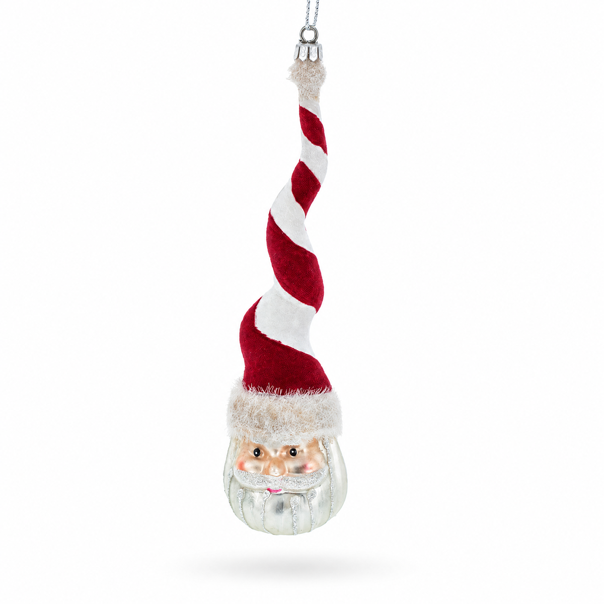A hanging Christmas ornament shaped like a stylized Santa figure with a red-and-white striped hat, white beard, and silver lower face, shown on a clean white background.