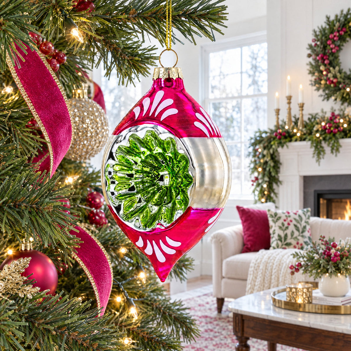A festive Christmas ornament hanging on a decorated tree in a cozy living room. The ornament is a glossy magenta pink teardrop shape with white cutout leaf patterns, a clear lower half, and a central green glittery floral design.