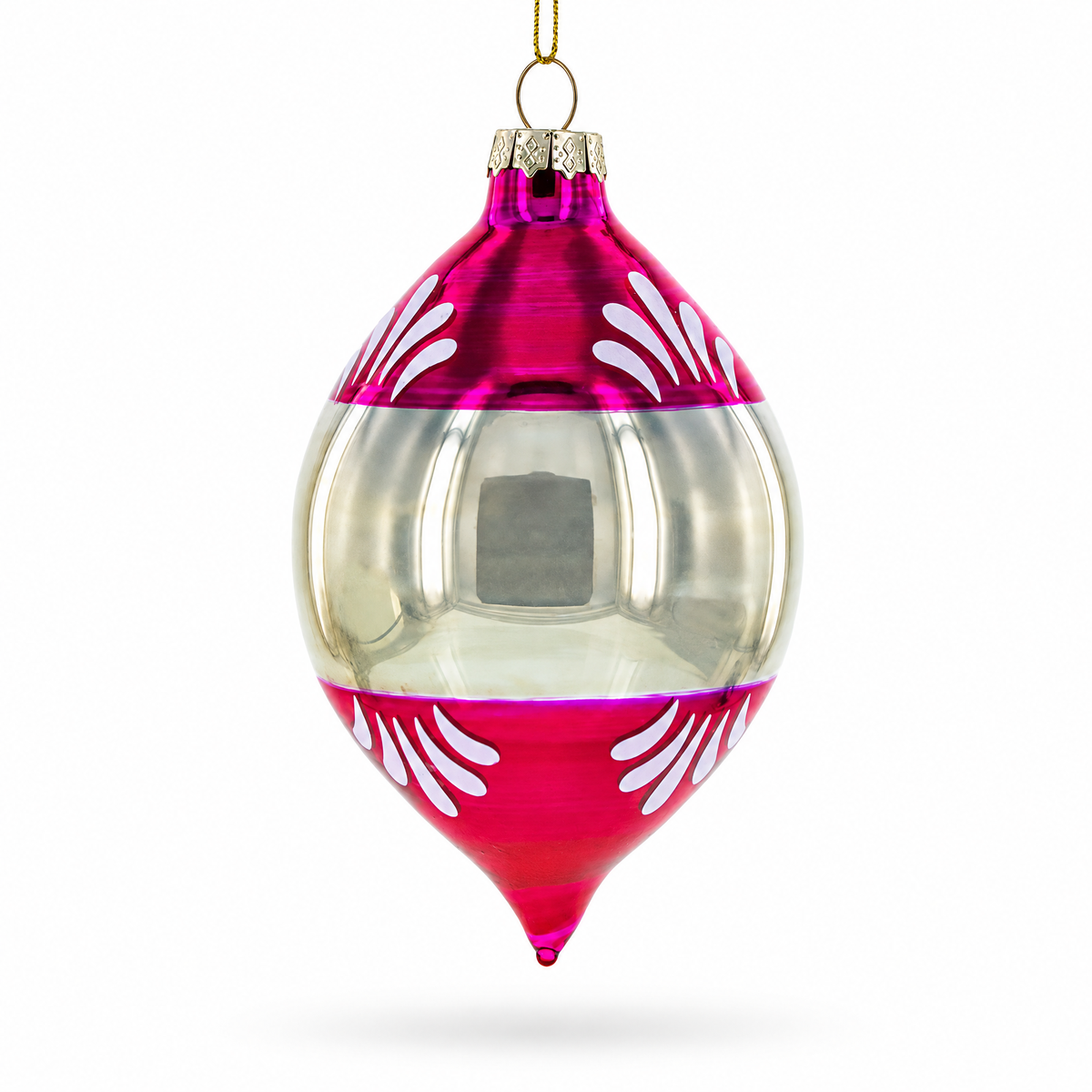 A clear glass Christmas ornament with a metallic magenta top and bottom section, decorated with white leaf patterns, hanging from a gold string against a white background.