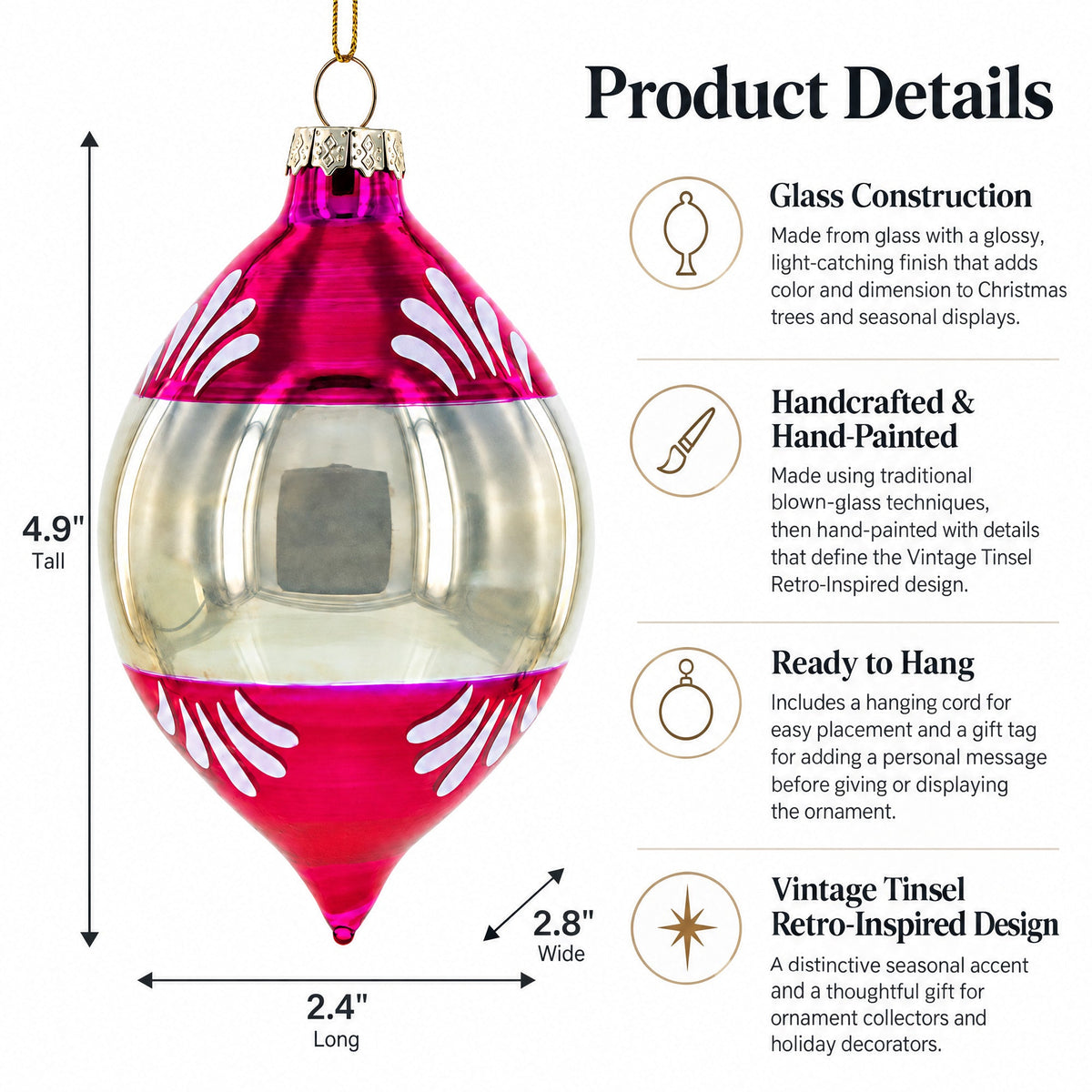 A hanging Christmas ornament with a glossy pink top and bottom and a clear glass center section, shown on a white background with product details and dimensions listed beside it.
