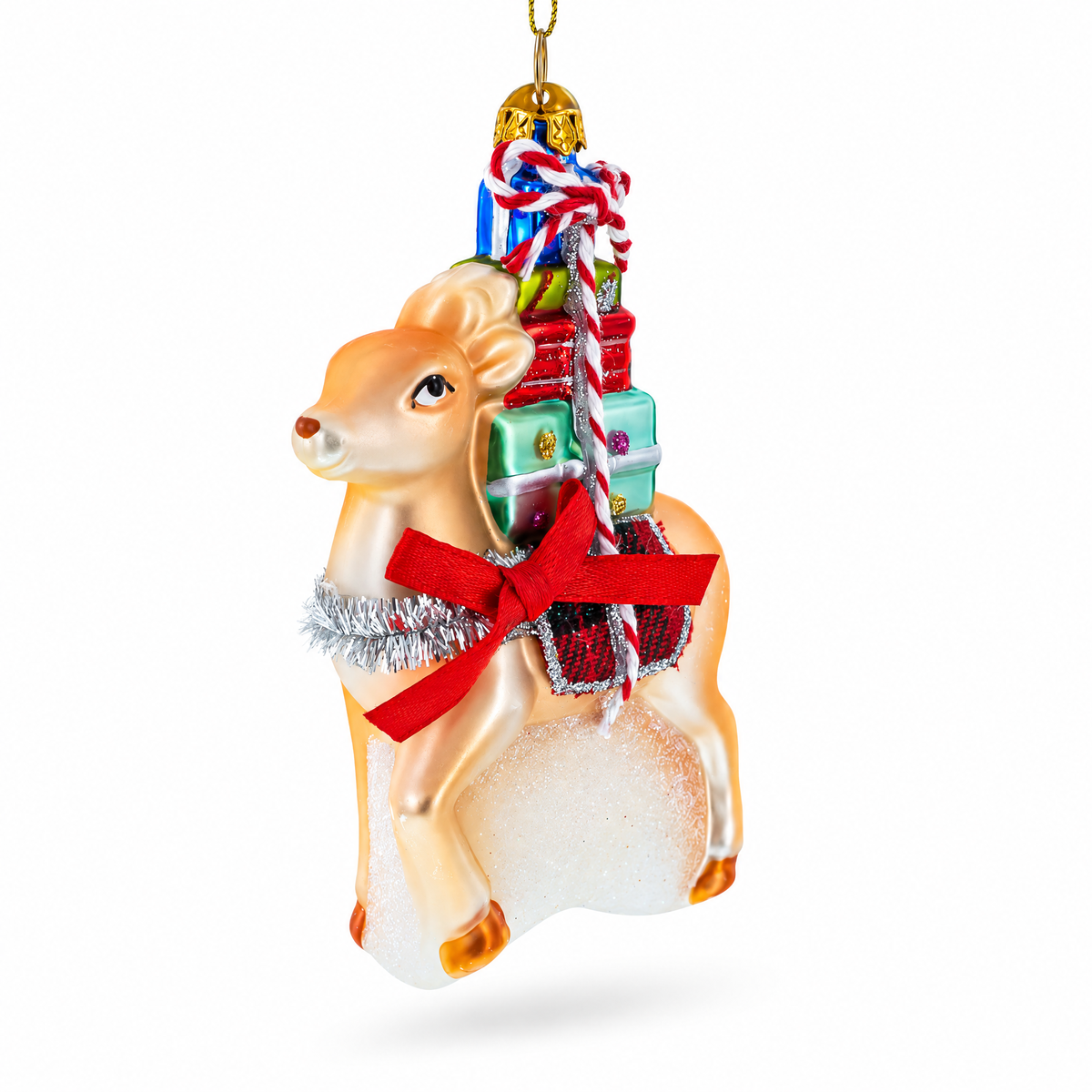 lass Christmas deer ornament carrying colorful wrapped gifts and wearing a bright red bow