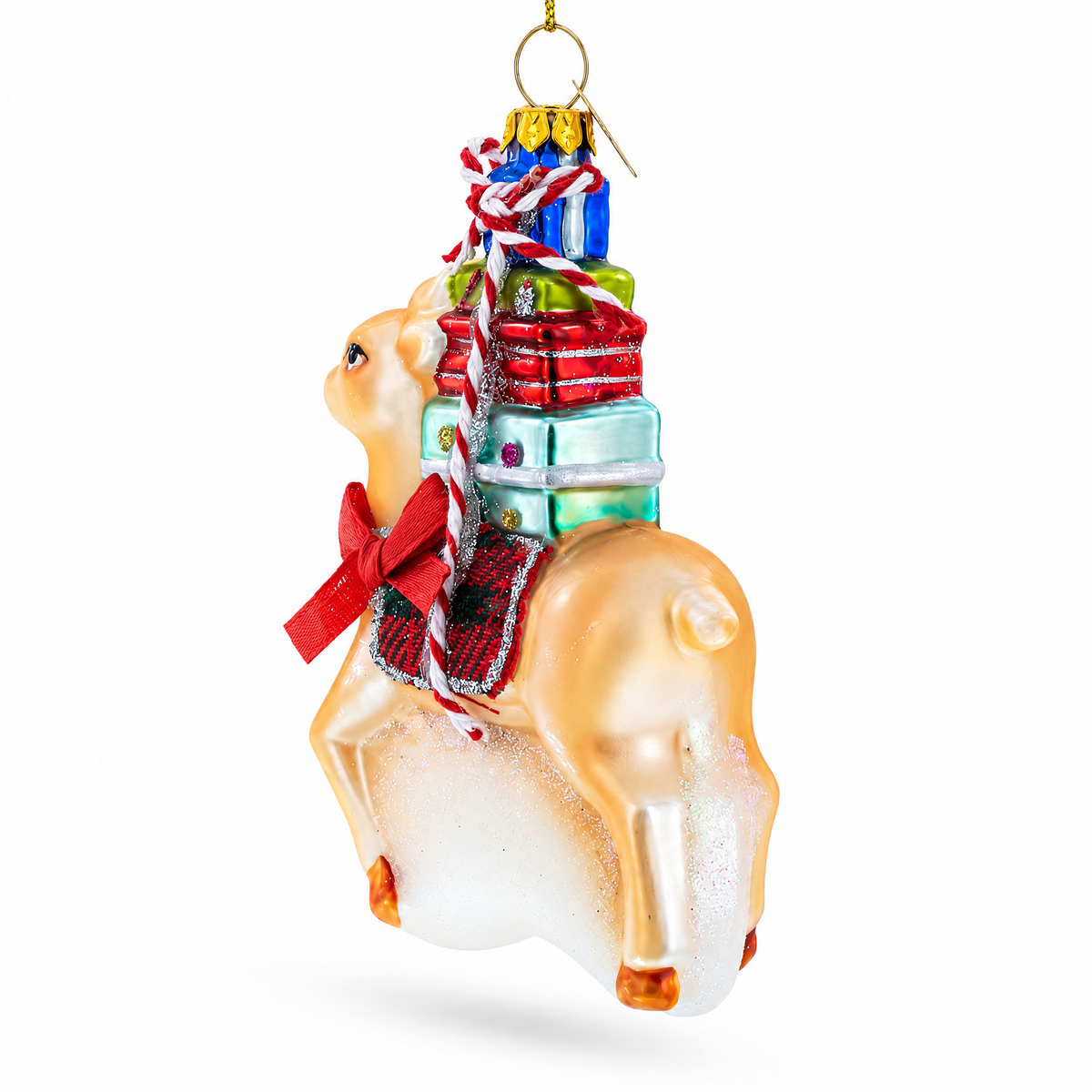 Reverse view of hand-painted deer carrying gifts glass Christmas ornament