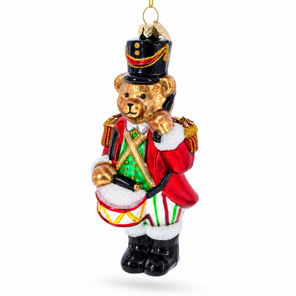 Teddy bear drummer blown glass Christmas ornament in red uniform with black hat and drum