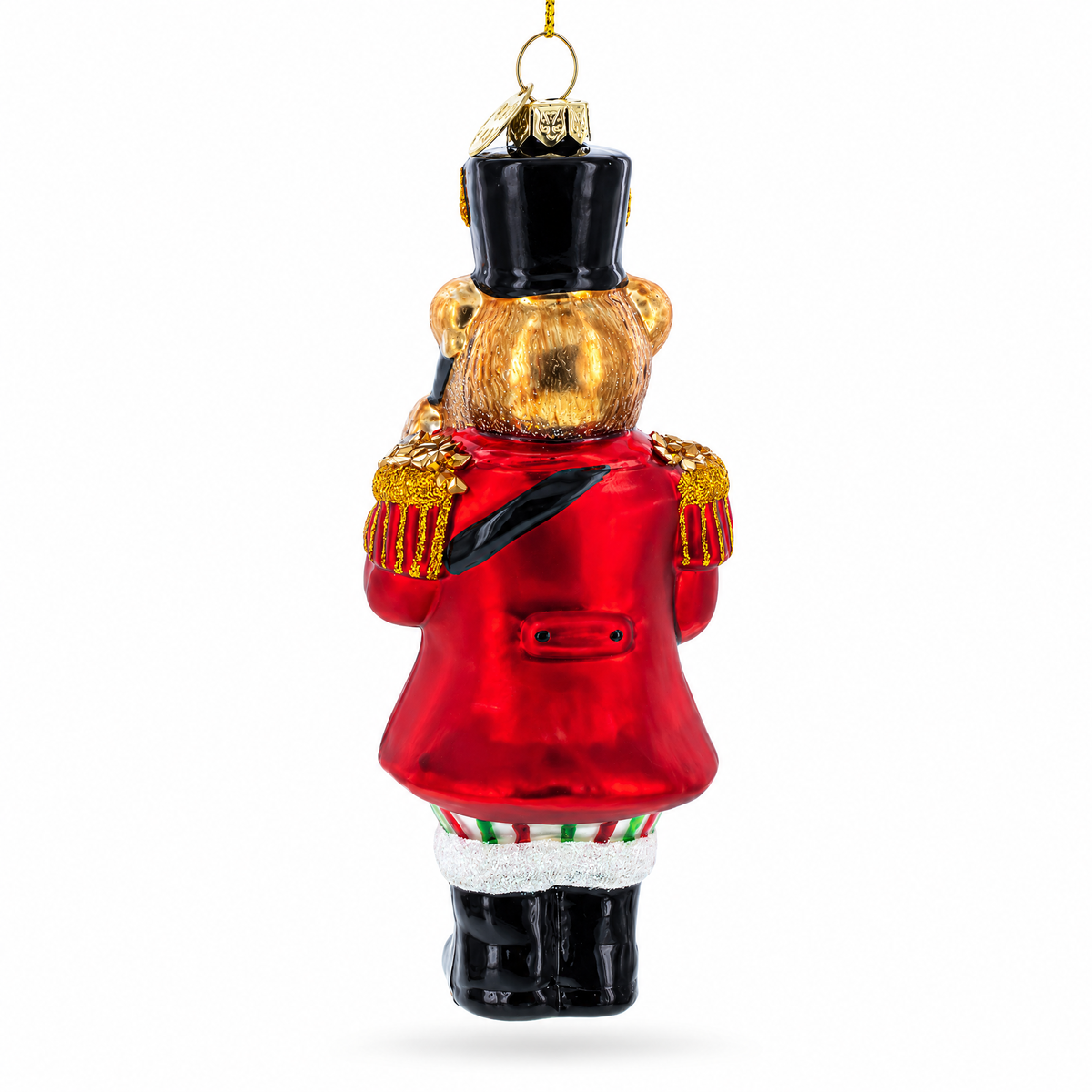 everse view of teddy bear drummer ornament in traditional red Christmas uniform