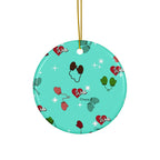 Vintage-inspired ceramic Christmas ornament with colorful children’s mittens on an aqua background
