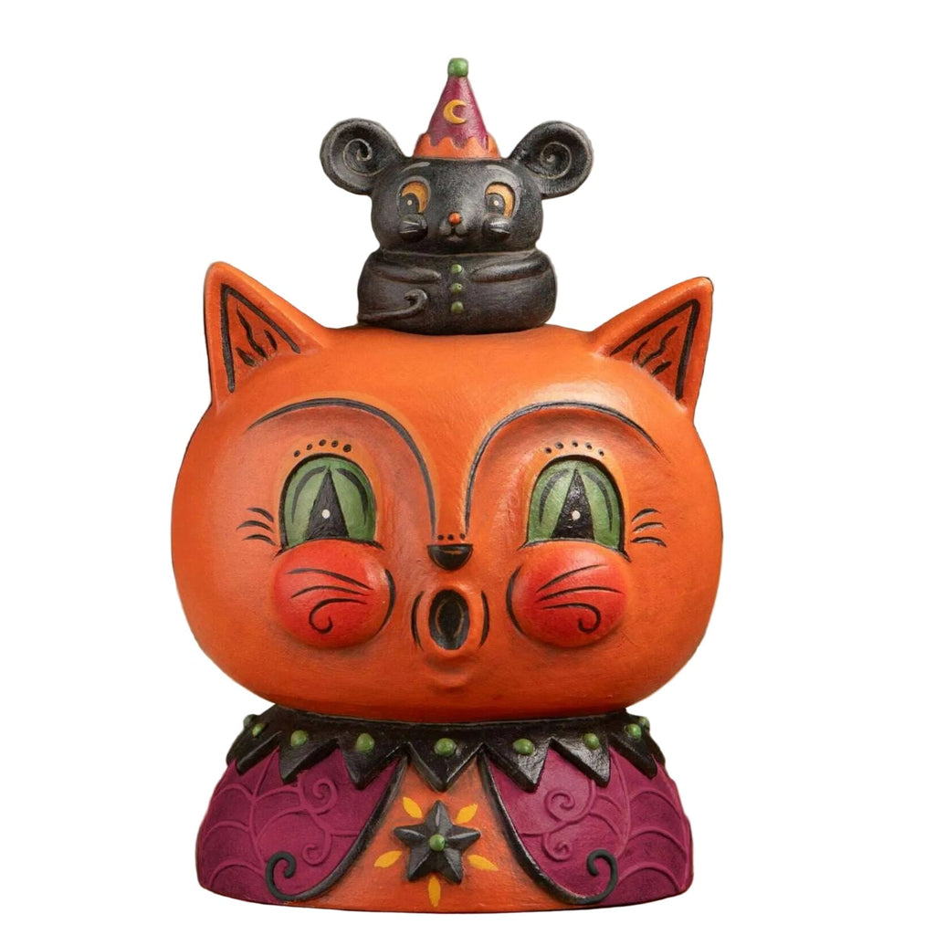 Copper Cat and Merlin Mouse vintage-inspired Halloween collectible by Johanna Parker, featuring an orange cat and a mouse in a party hat.