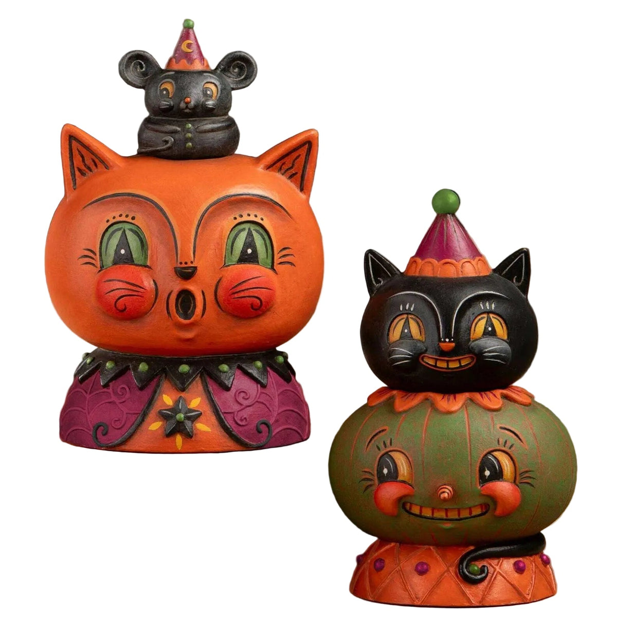 1. Copper Cat and Merlin Mouse displayed beside another whimsical Johanna Parker Halloween decoration.