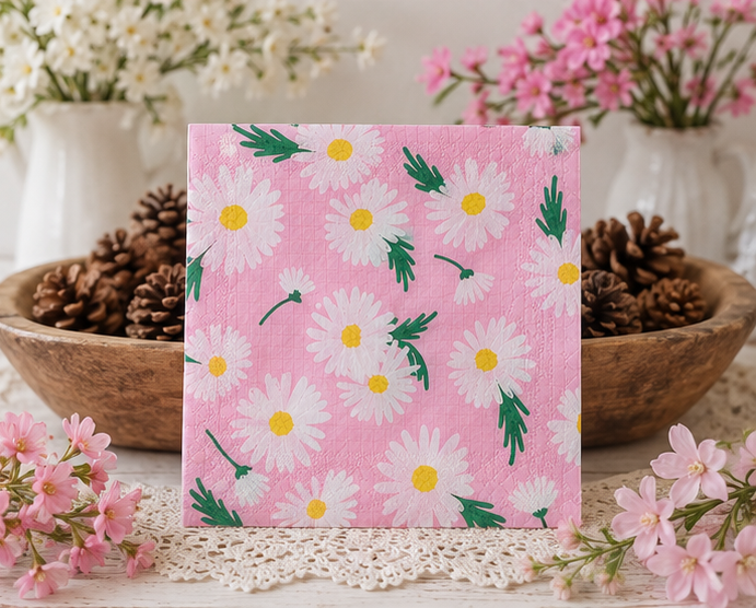 A square pink paper napkin featuring  a white daisy floral pattern with green leaves and yellow centers, styled on a white lace runner with pink flowers and pinecones in wooden bowls in the background.  Great for crafts