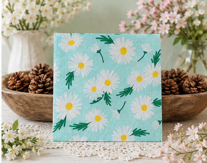 A square napkin print featuring a daisy pattern on a light blue background, styled on a white lace doily with pinecones and white and pink flowers in the background. Great for crafts