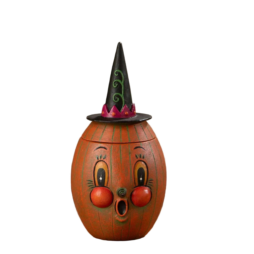 Gourdy Orange-O-Ween Halloween collectible by Johanna Parker, featuring an orange pumpkin face and a tall black witch hat with purple and green accents.