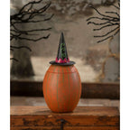 Rear view of Gourdy Orange-O-Ween showing the rounded pumpkin shape and tall witch hat.