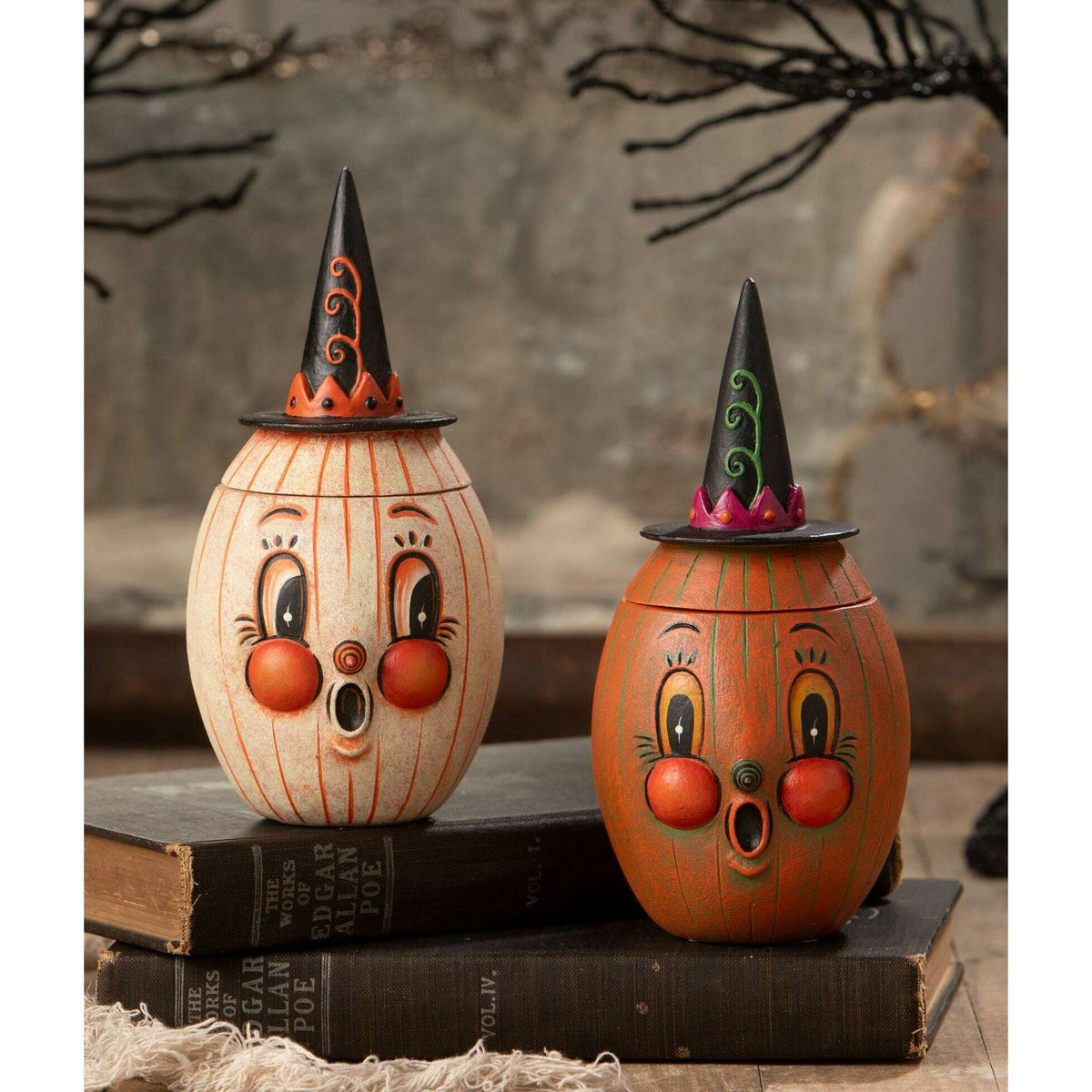 1. Gourdy Orange-O-Ween displayed beside another vintage-inspired Johanna Parker Halloween collectible.