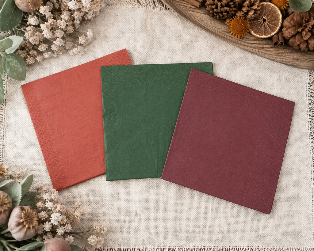 Terracotta, forest green and dusty mauve solid color luncheon decoupage napkins for autumn paper crafts