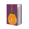 Hardcover journal featuring original vintage Halloween inspired artwork of a smiling orange pumpkin in a tall party hat.