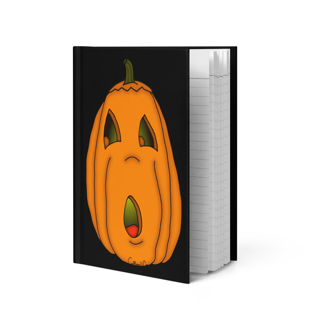Hardcover journal featuring a surprised orange pumpkin on a black background in vintage-inspired Halloween artwork.