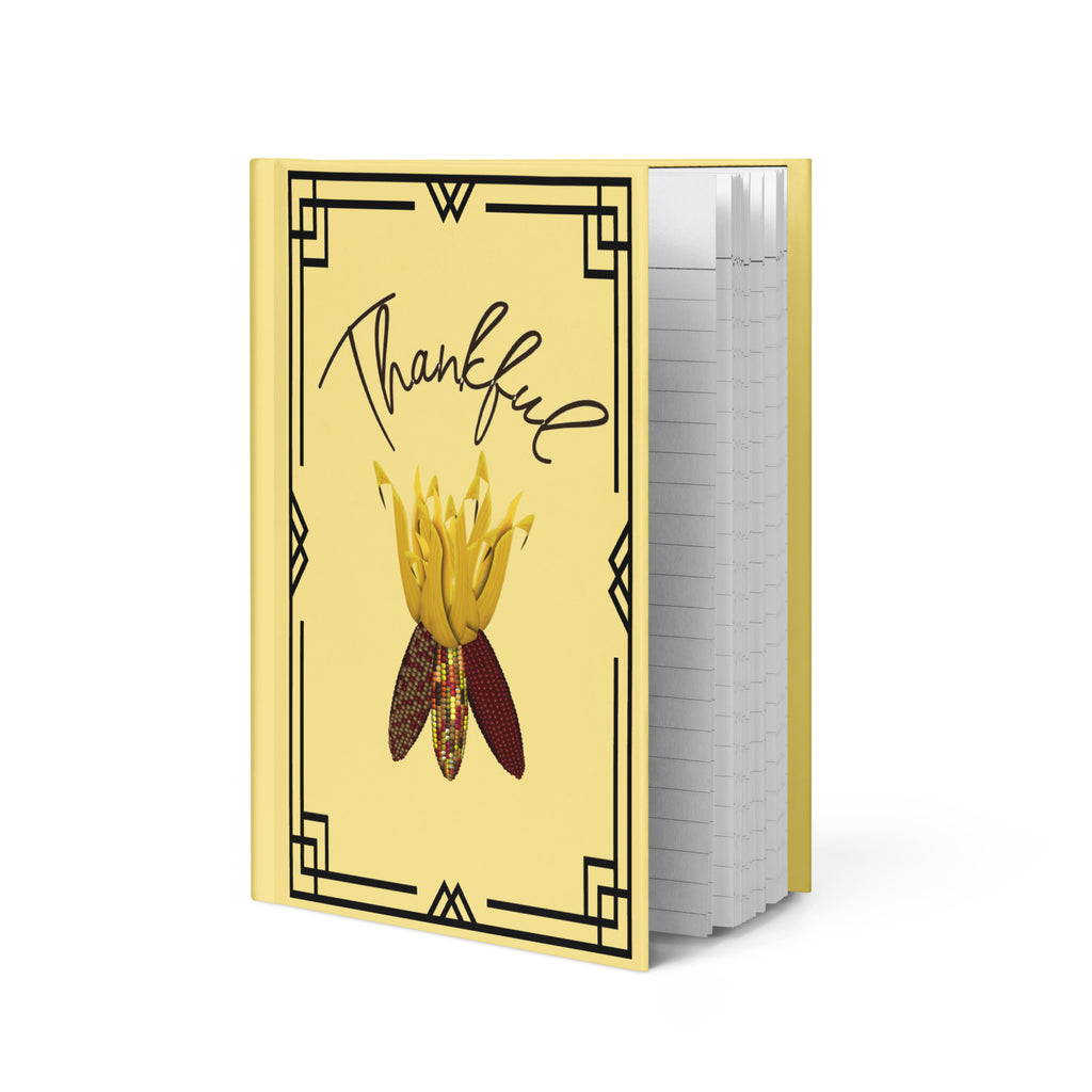 Thankful hardcover journal featuring colorful harvest corn, golden husks and a vintage-inspired black border on a warm yellow background.