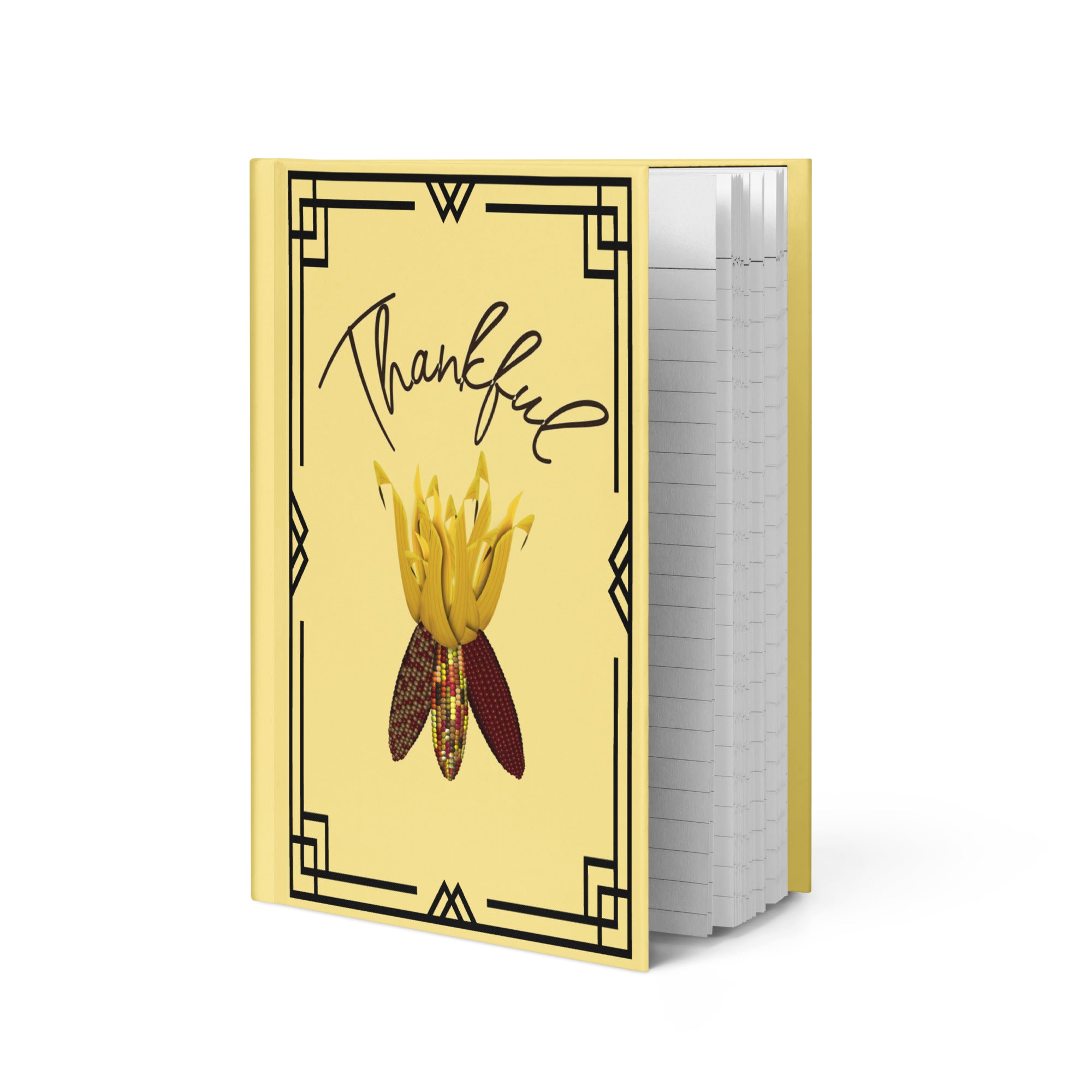Thankful hardcover journal featuring colorful harvest corn, golden husks and a vintage-inspired black border on a warm yellow background.