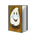 Hardcover Halloween journal featuring original artwork of a smiling white ghost above the word Boo with a tiny black spider.