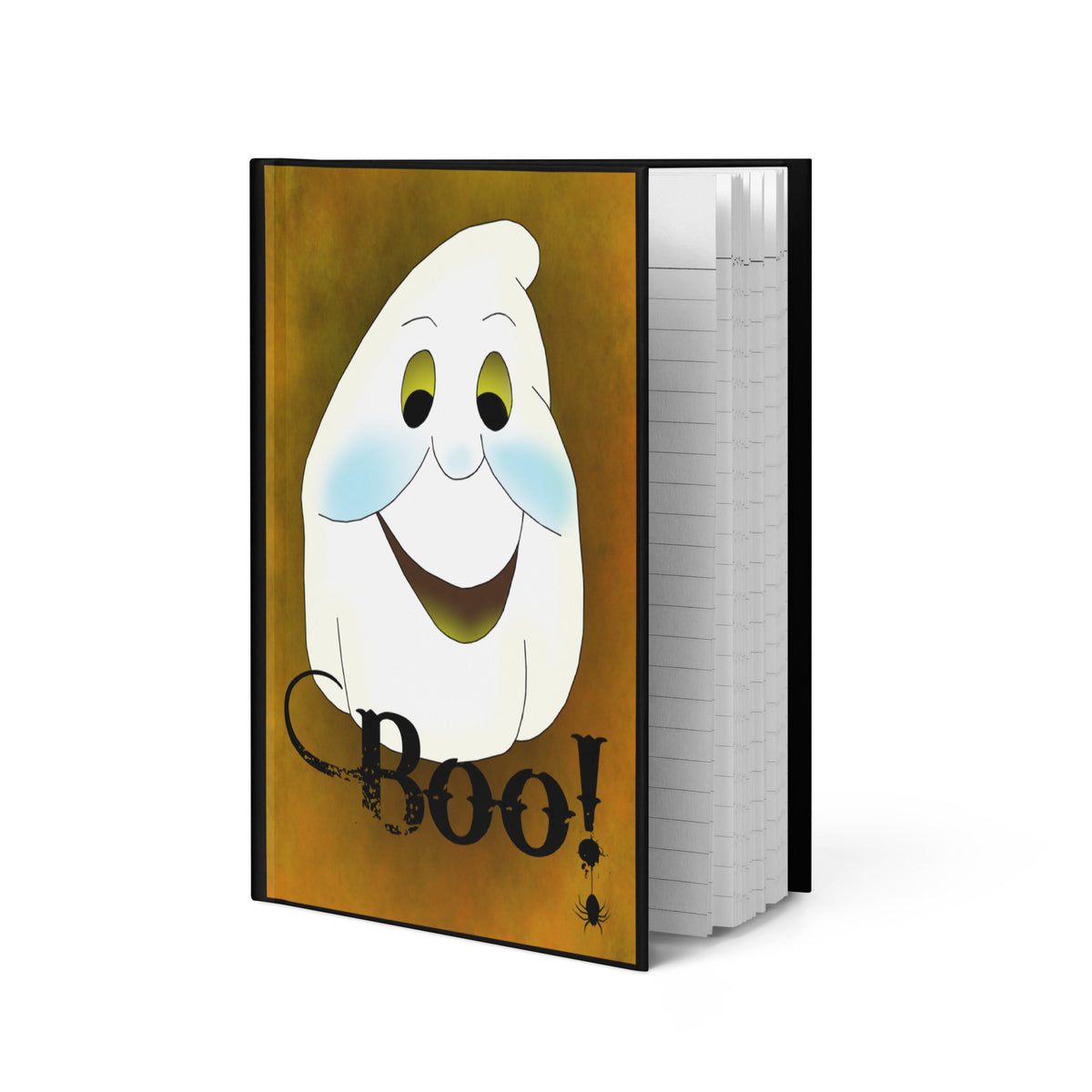 Hardcover Halloween journal featuring original artwork of a smiling white ghost above the word Boo with a tiny black spider.