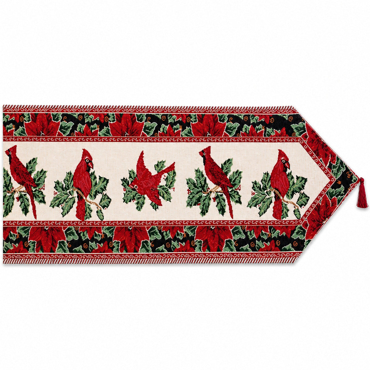 A festive table runner with a pointed tip, featuring a repeating pattern of red cardinals perched on green holly leaves on an off-white background, with red and green border bands and a small tassel.