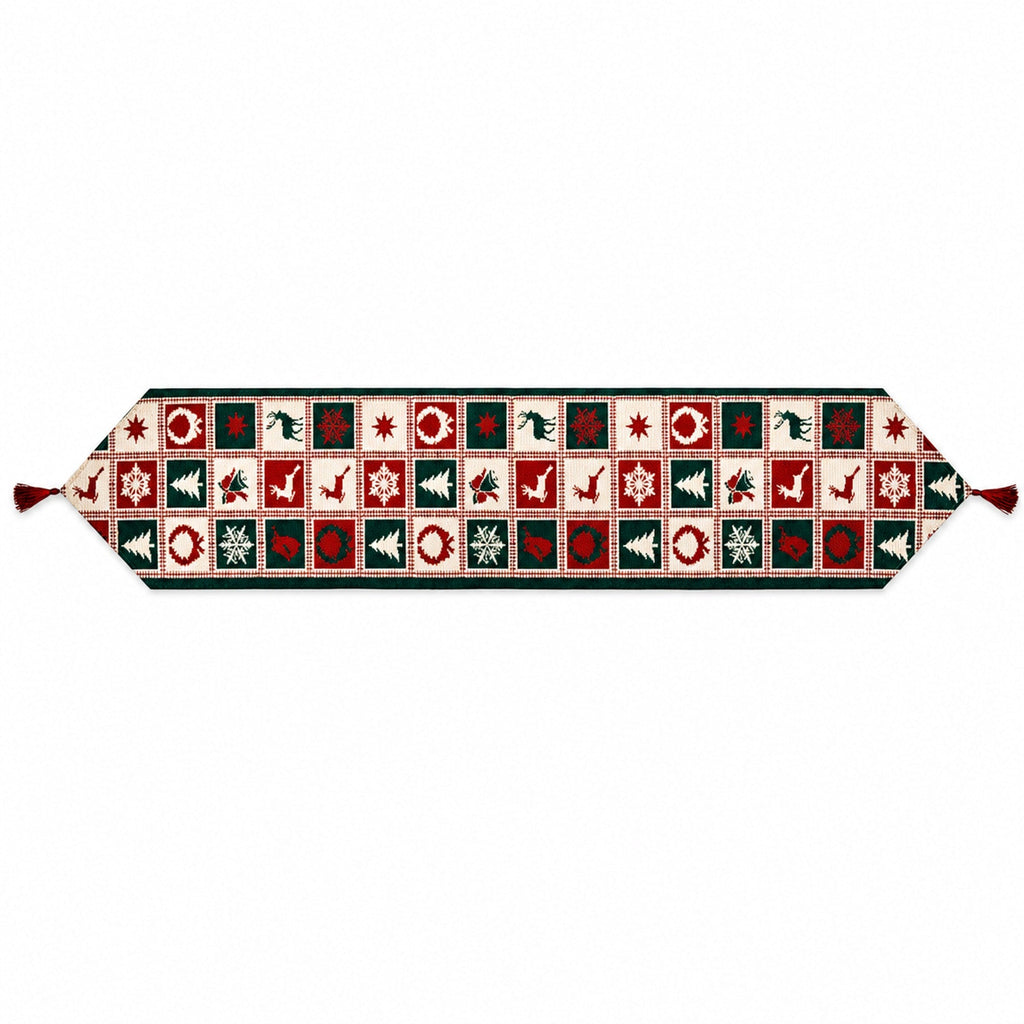 A festive Christmas-themed table runner with a repeating pattern of red, green, and cream holiday motifs, finished with red tassels on both ends.