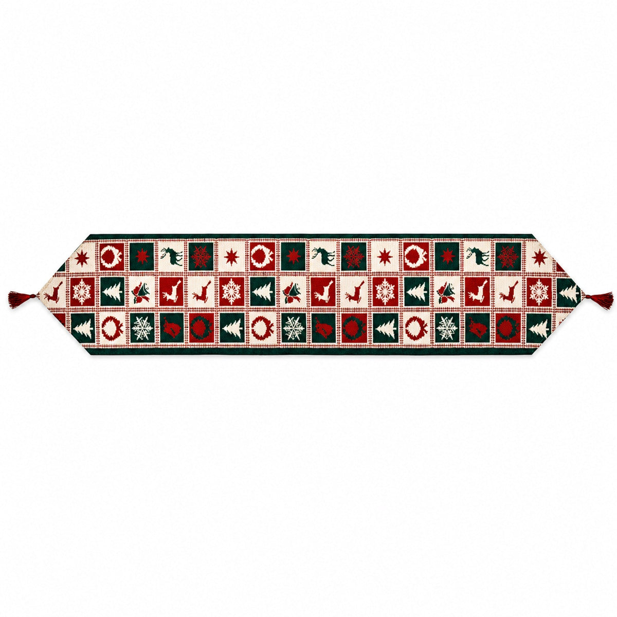 A festive Christmas-themed table runner with a repeating pattern of red, green, and cream holiday motifs, finished with red tassels on both ends.
