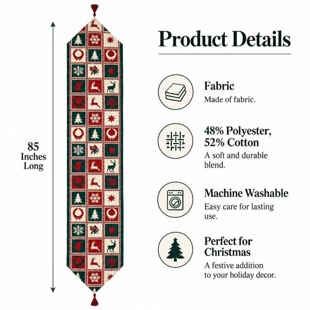 A festive Christmas-themed fabric wall hanging banner shown on a white background with product details text. The banner is 85 inches long and features a repeating pattern of red, green, and cream holiday motifs including snowflakes, Christmas trees, wreaths, and deer.