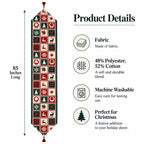 A festive Christmas-themed fabric wall hanging banner shown on a white background with product details text. The banner is 85 inches long and features a repeating pattern of red, green, and cream holiday motifs including snowflakes, Christmas trees, wreaths, and deer.