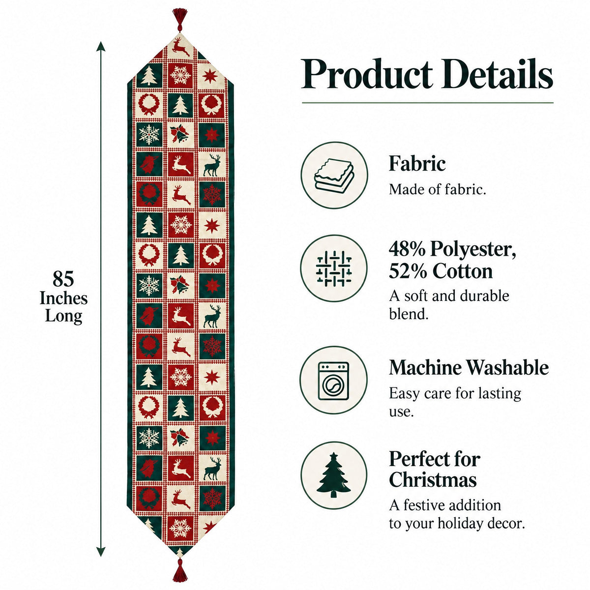 A festive Christmas-themed fabric wall hanging banner shown on a white background with product details text. The banner is 85 inches long and features a repeating pattern of red, green, and cream holiday motifs including snowflakes, Christmas trees, wreaths, and deer.