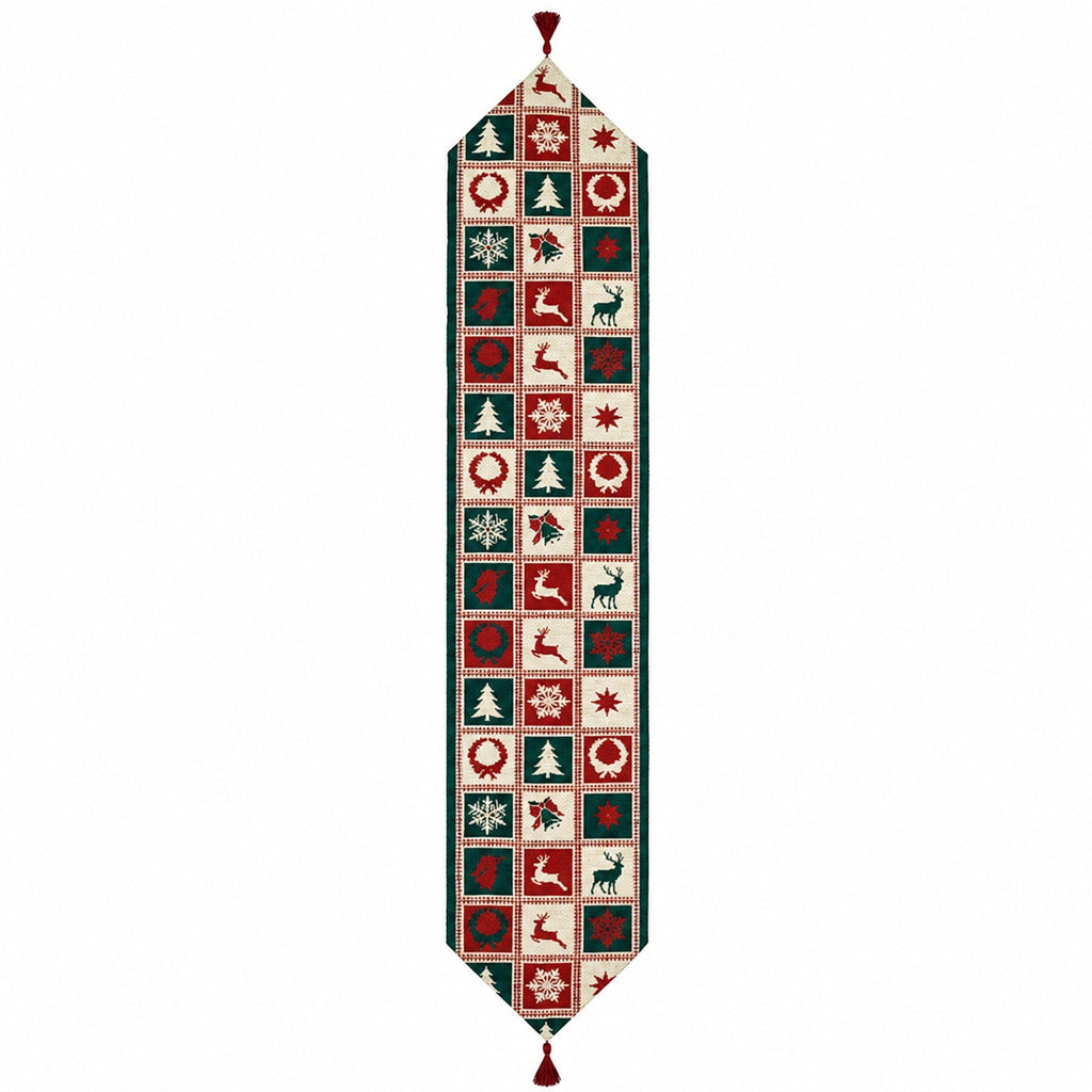 A vertical Christmas-themed decorative banner or runner with a pointed top and bottom, featuring a repeating grid of red, green, and cream holiday motifs including snowflakes, wreaths, trees, and deer, shown on a plain white background.