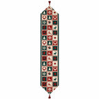 A vertical Christmas-themed decorative banner or runner with a pointed top and bottom, featuring a repeating grid of red, green, and cream holiday motifs including snowflakes, wreaths, trees, and deer, shown on a plain white background.