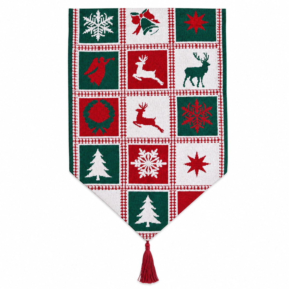A knitted Christmas-themed banner with a pointed bottom and tassel, featuring a grid of red, green, and white squares with holiday motifs including snowflakes, reindeer, Christmas trees, and ornaments.
