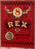 Antique Rex #8 broom label with red background, decorative number 8, and Amsterdam Broom Company lettering