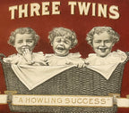 Front of antique Three Twins cigar box label featuring three babies in a wicker basket against a red background
