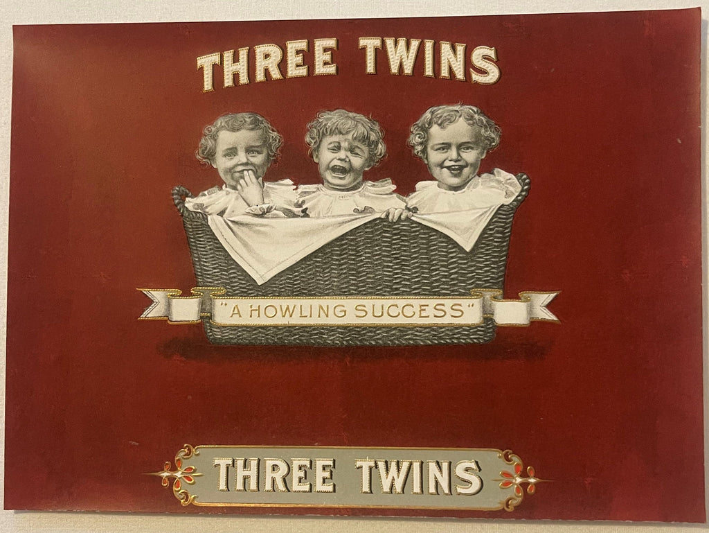 Full antique Three Twins cigar box label showing its original advertising artwork and lettering