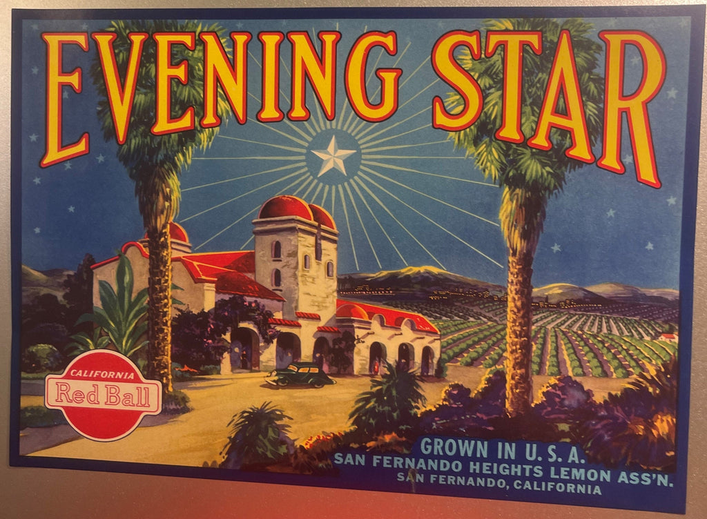 Vintage 1930s Evening Star California lemon crate label with palm tree and citrus grove landscape
