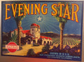 Vintage 1930s Evening Star California lemon crate label with palm tree and citrus grove landscape