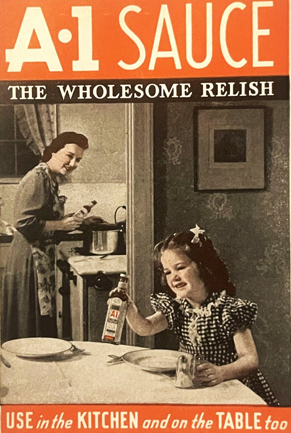 Cover of vintage 1941 A-1 Sauce recipe pamphlet showing a mother and child in a kitchen
