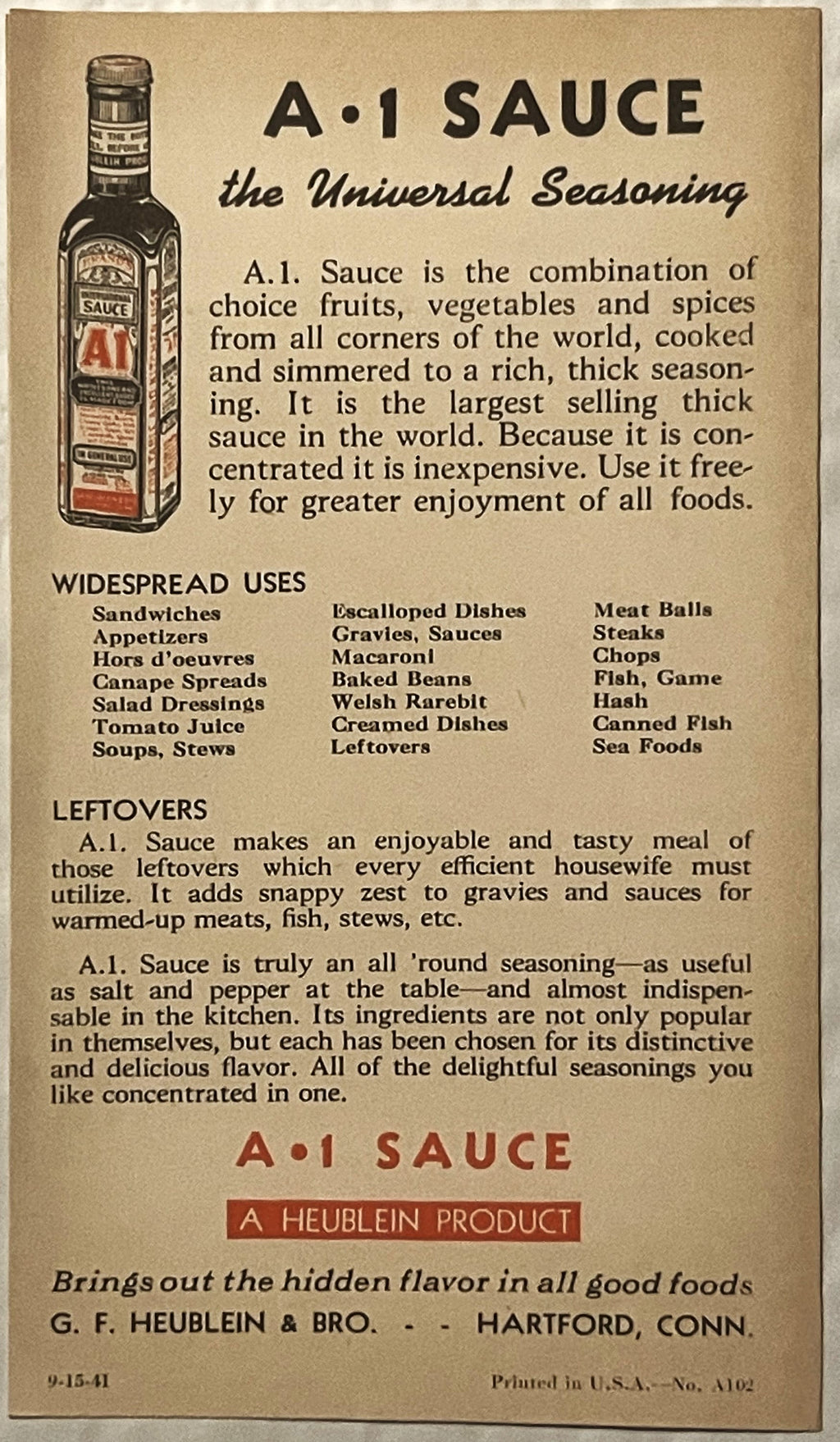 Interior advertising page of vintage A-1 Sauce pamphlet featuring a sauce bottle and recipe suggestions