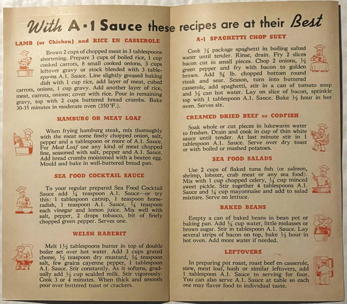 Open interior pages of vintage A-1 Sauce pamphlet showing printed recipes