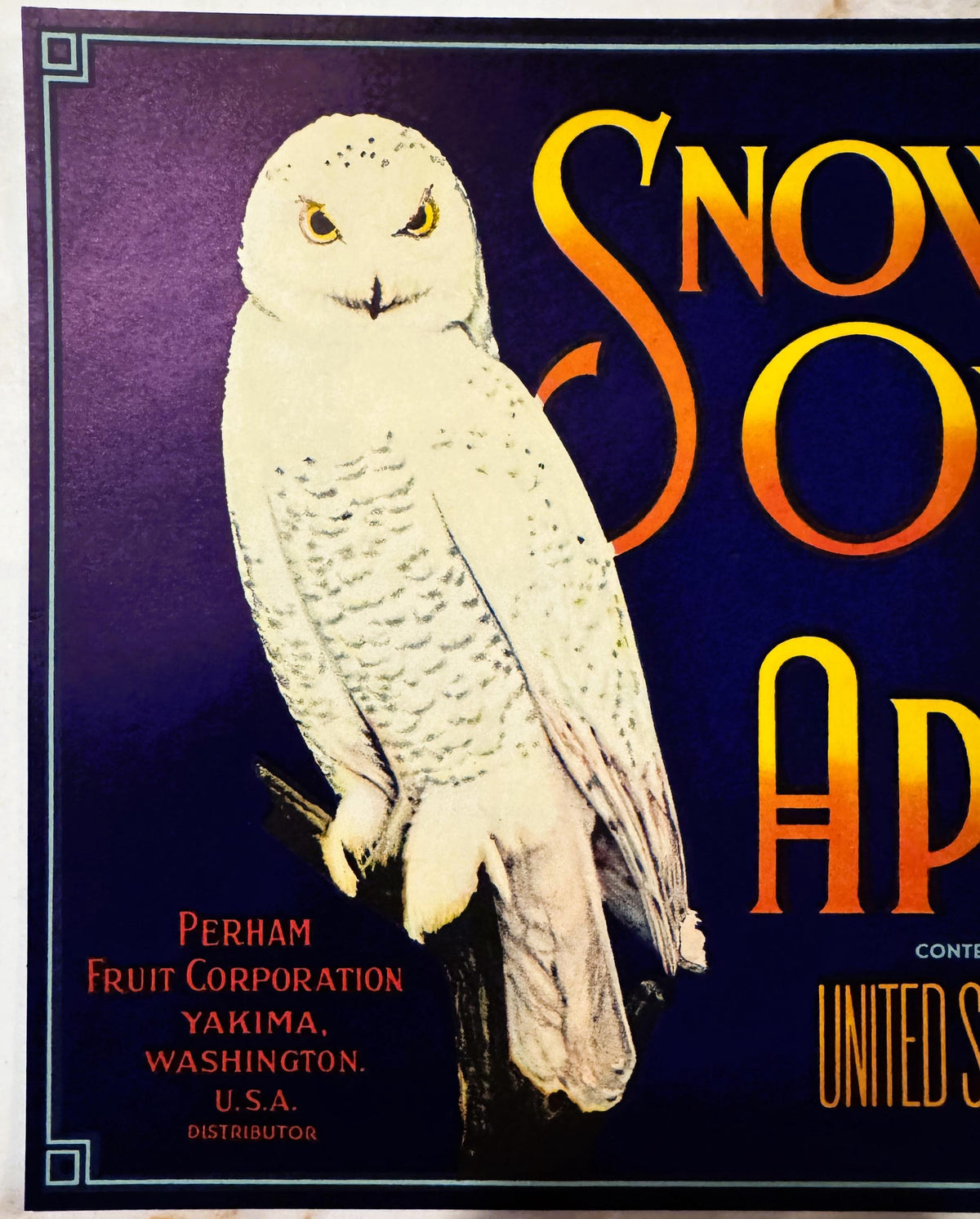 Snow Owl Brand Yakima Washington vintage apple advertising label