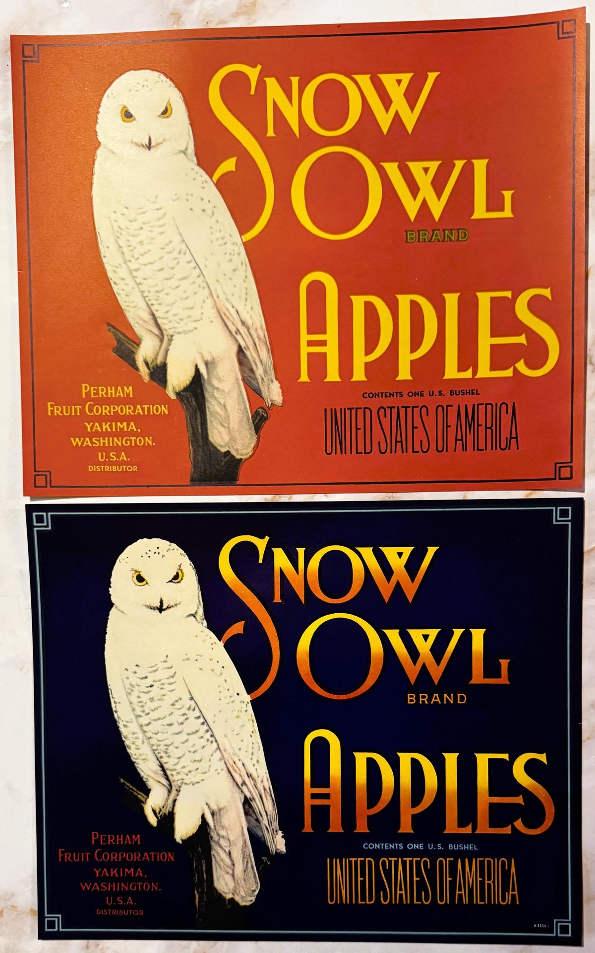 Original 1930s Snow Owl Brand apple crate label with white owl