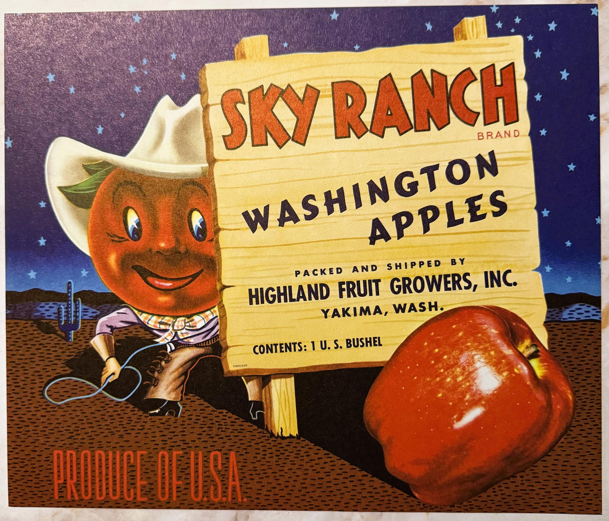 Vintage 1950s Sky Ranch Apples Crate Label – Cowboy Apple Art