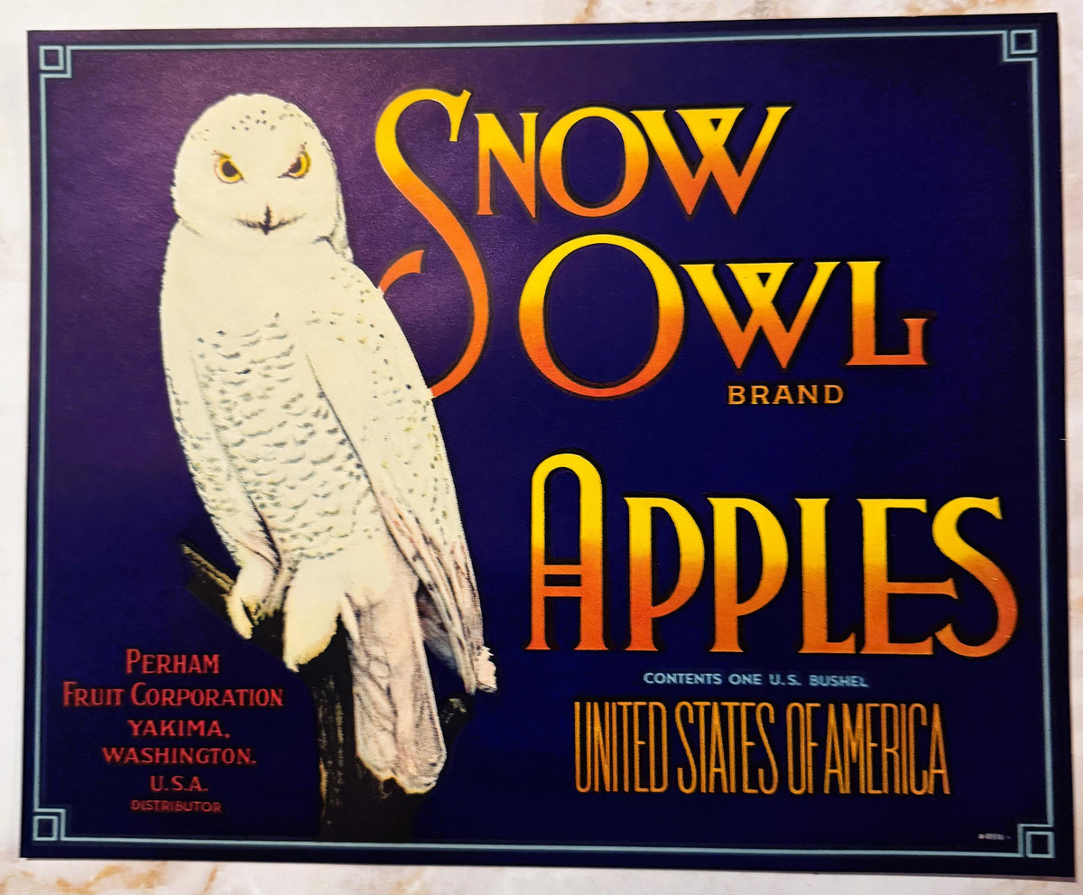 Vintage Snow Owl apple crate label from Yakima Washington
