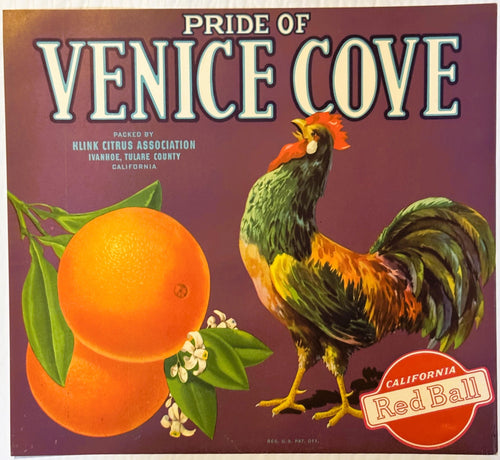 Original Pride of Venice Cove California citrus crate label from the 1930s